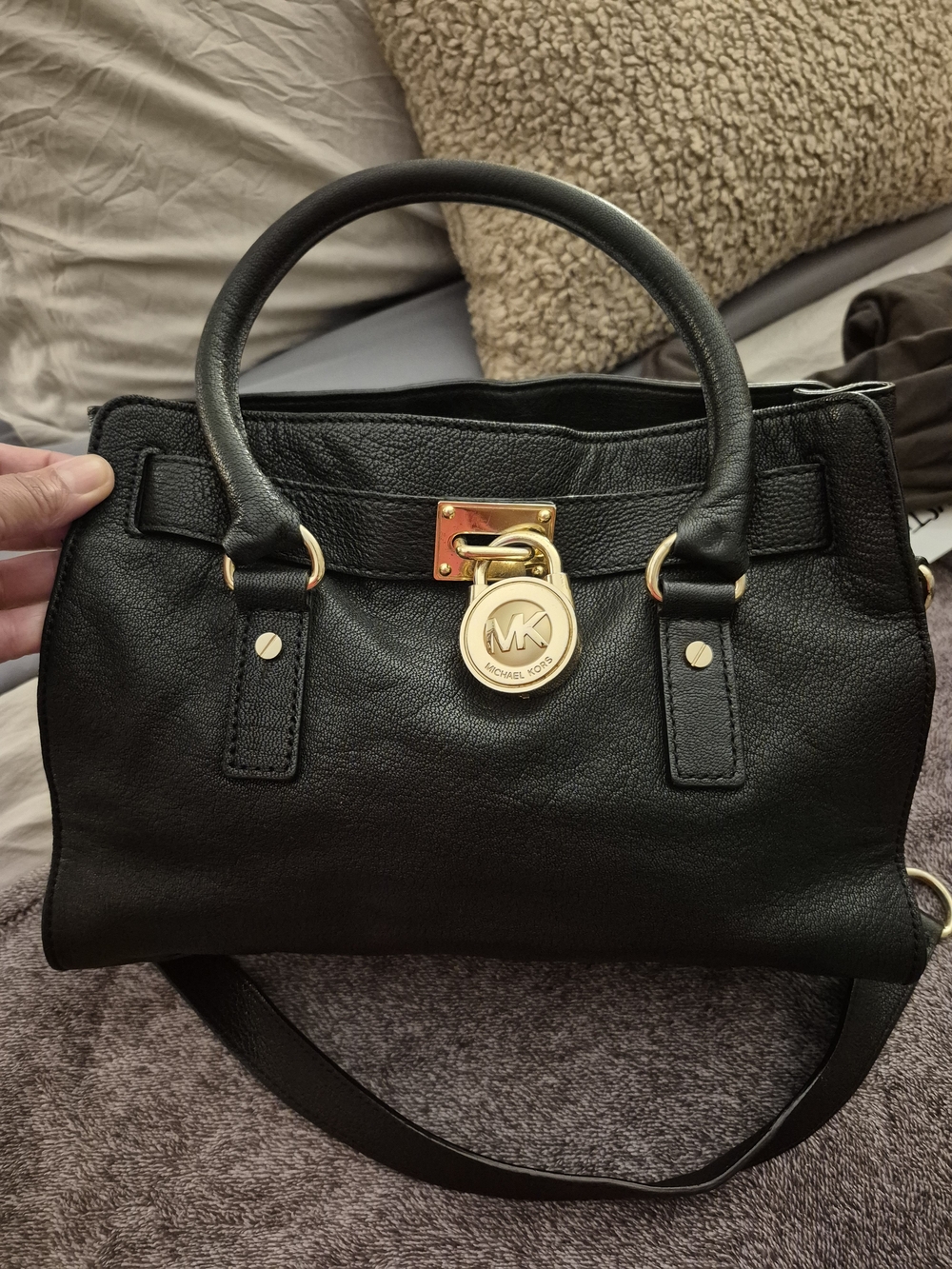 Michael Kors Black Leather Satchel with Gold Hardware and MK Charm